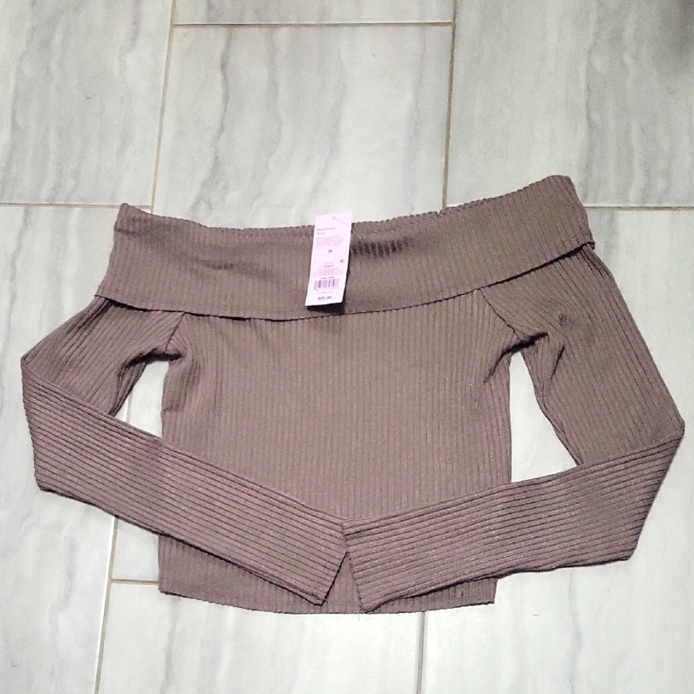 Wild Fabld Off-Shoulder Ribbed Gray Longsleeve Off Shoulder Top Size M